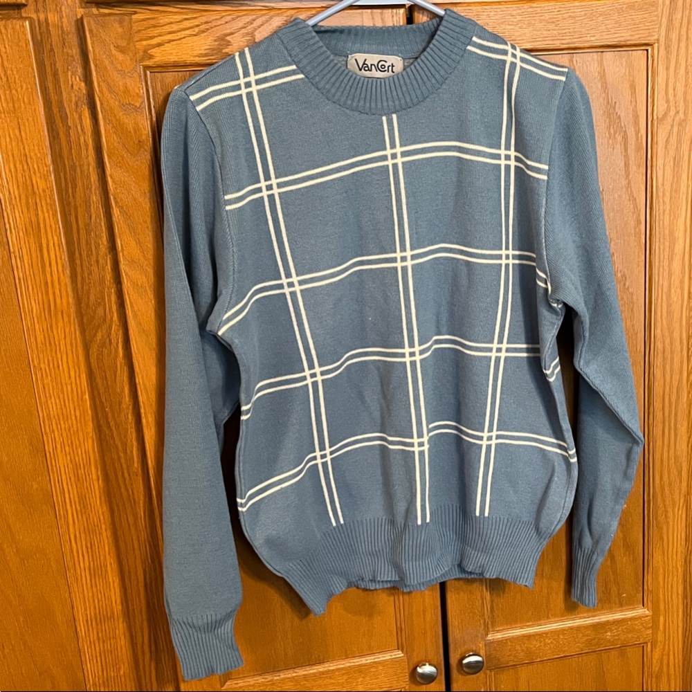Van Cort Crewneck Sweater in Blue with White Plaid